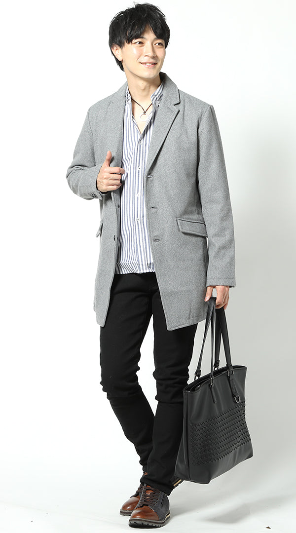 グレーコート 白ストライプシャツ 黒パンツ snp_ic1646の