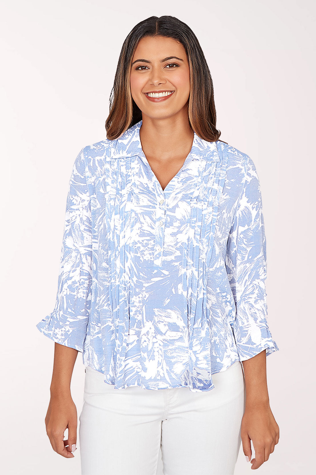 Light Blue Floral Brushstroke Pleated Blouse | Ruby Rd.