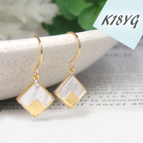 楽天市場】ホワイトシェル フック ピアス 白蝶貝 スクエア K18YG 18金