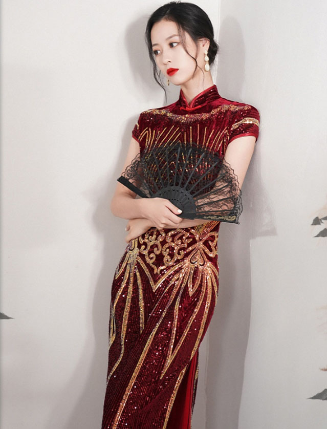 楽天市場】チャイナドレス ロング丈 スパンコール 刺繍 パーティー