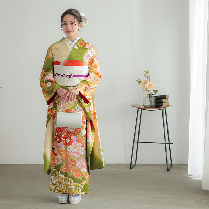 楽天市場】【成人式 振袖 レンタル】RS1529 正絹 黄緑 牡丹に鼓フル