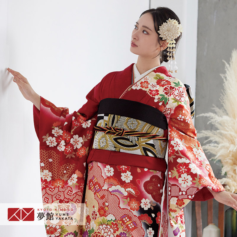 楽天市場】【成人式 振袖 レンタル】RS1350 正絹 赤 雲取桜花車フル
