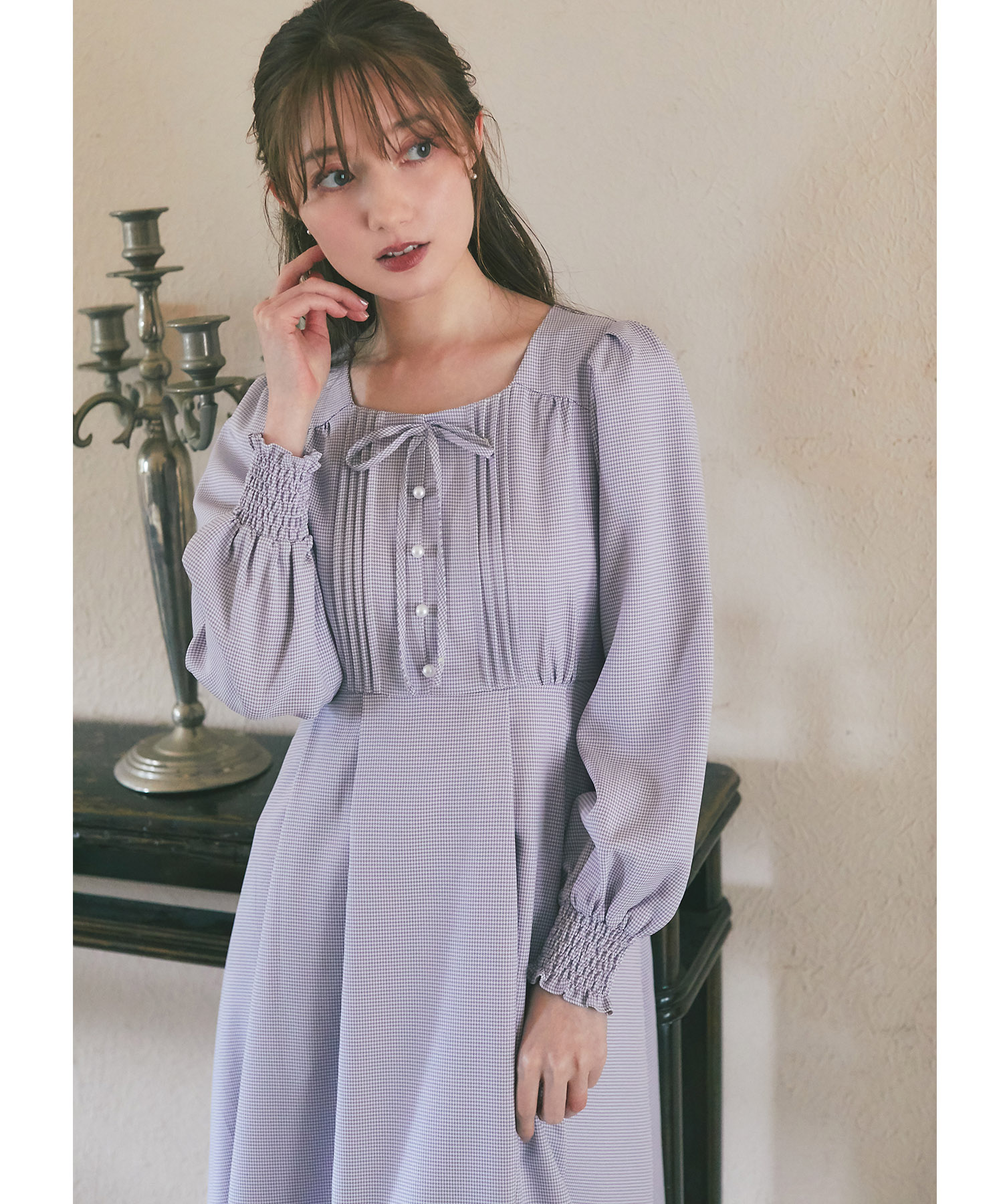 楽天市場】リボン＆パール付きバックレースアップ千鳥柄ワンピース