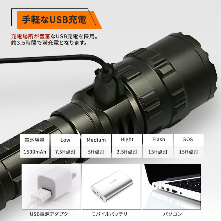 楽天市場】LED 懐中電灯 明るさ 500lm usb 充電式 ズーム機能 防水