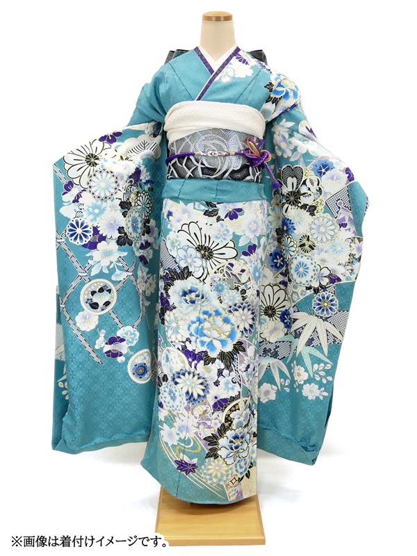 楽天市場】仕立て付き 正絹振袖フルセット32点 f-640 ターコイズブルー