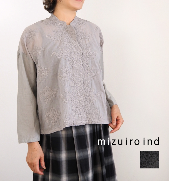 mizuiro ind ミズイロインド シャツ ワイド レーススタンドカラー