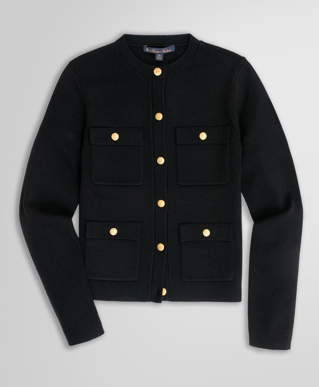 ポリエステル／コットン ミラノリブ ゴールドボタン ノーカラーニット