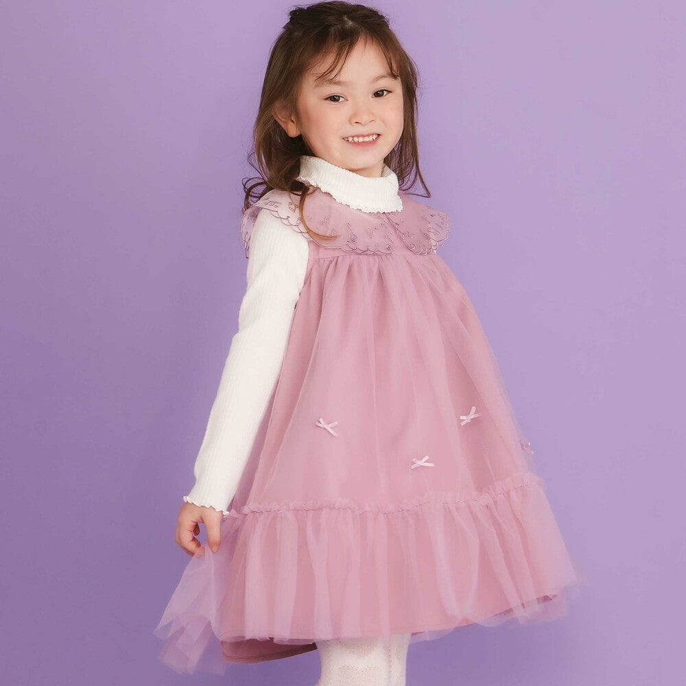 ハート音符刺しゅうオーガンジービッグカラーワンピース(80~130cm