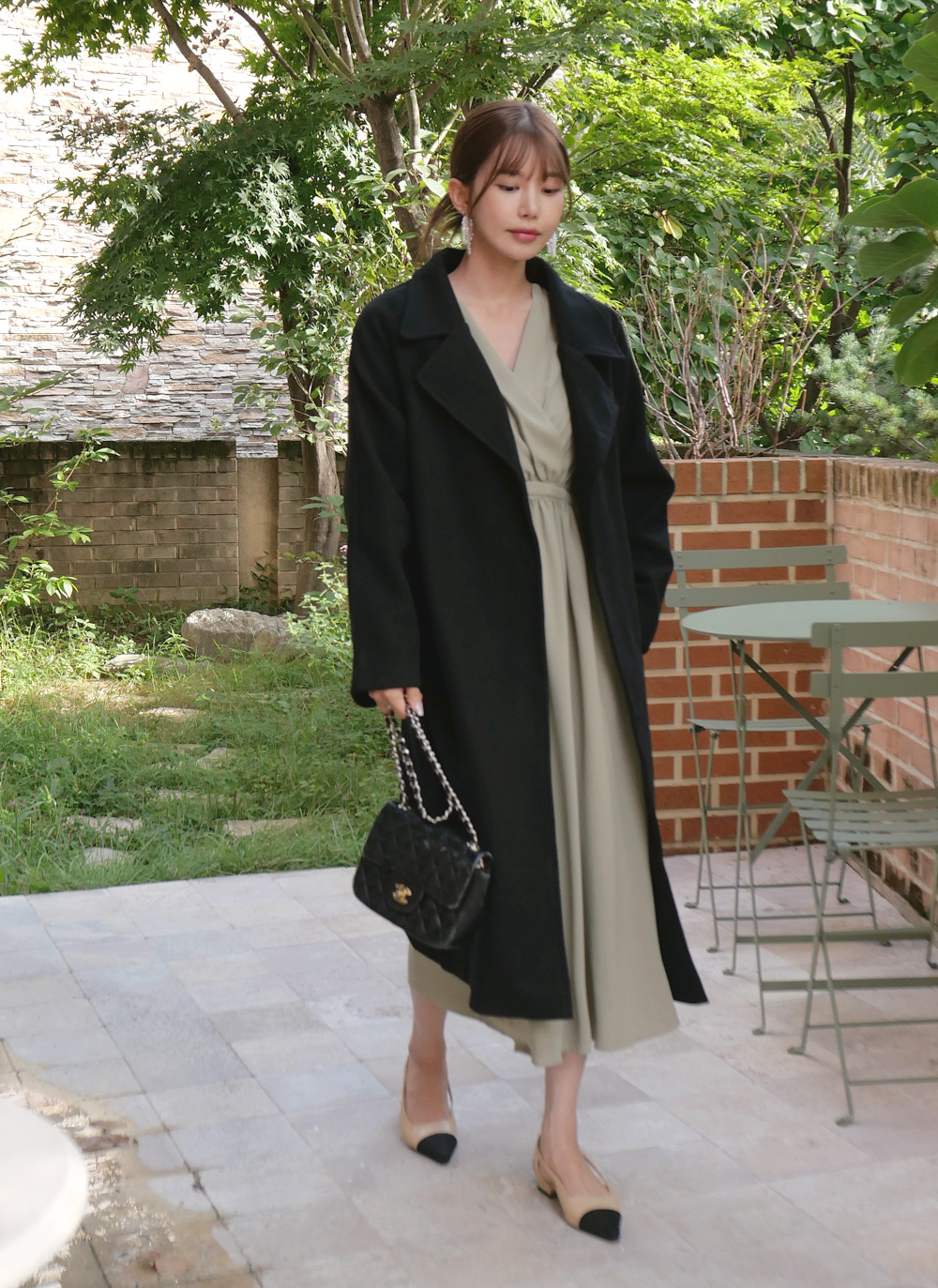 ストラップ付ウール混オープンロングコート | レディースファッション