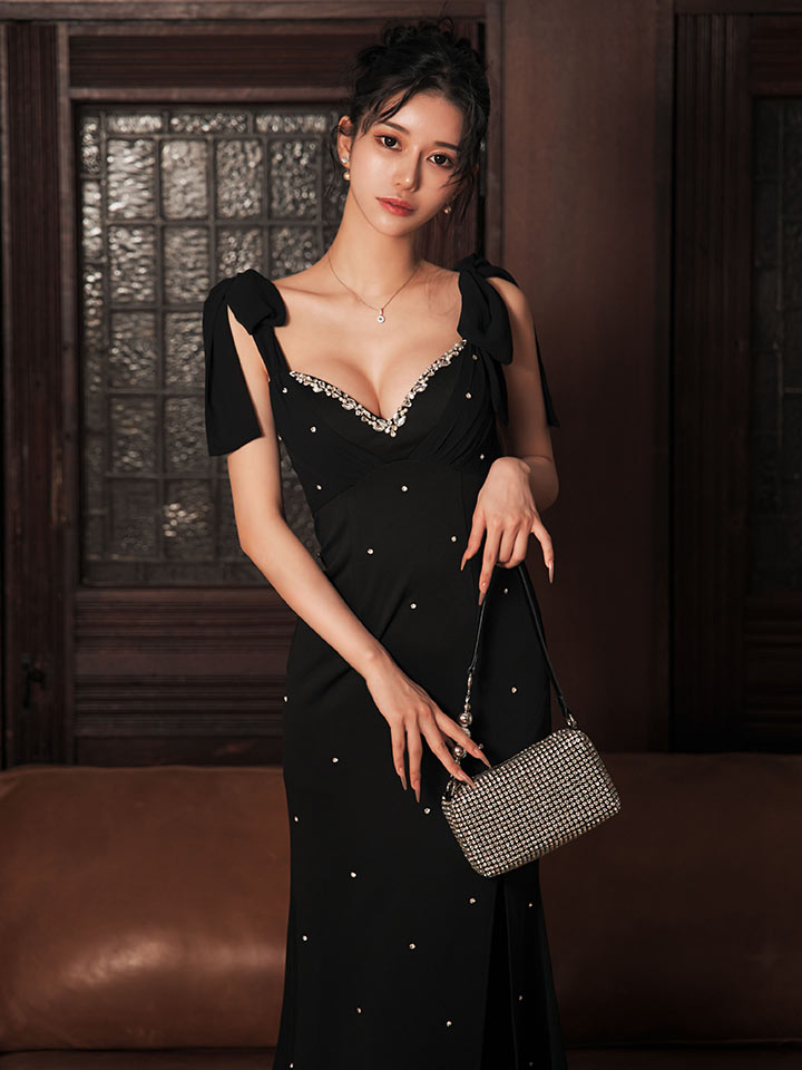 送料無料！【即日発送】シフォンリボンビジュータイトロングドレス