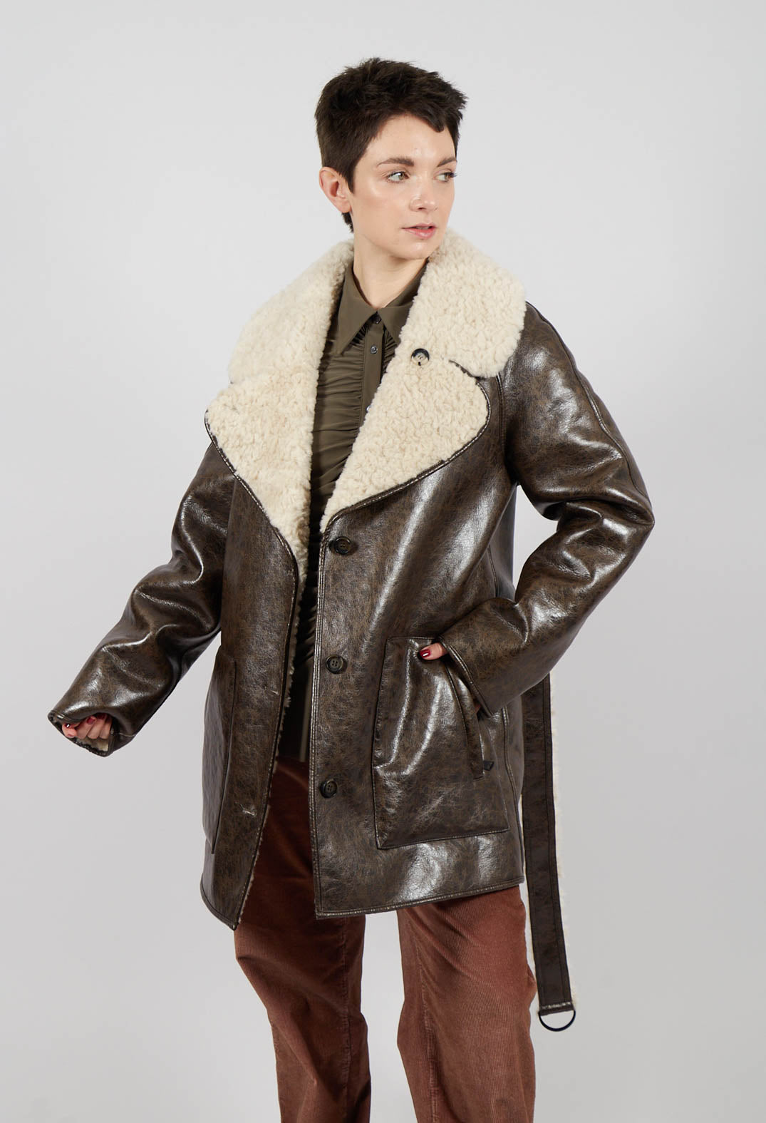 Reversible Faux Fur and Suede Jacket in Khaki Crackle – Olivia May