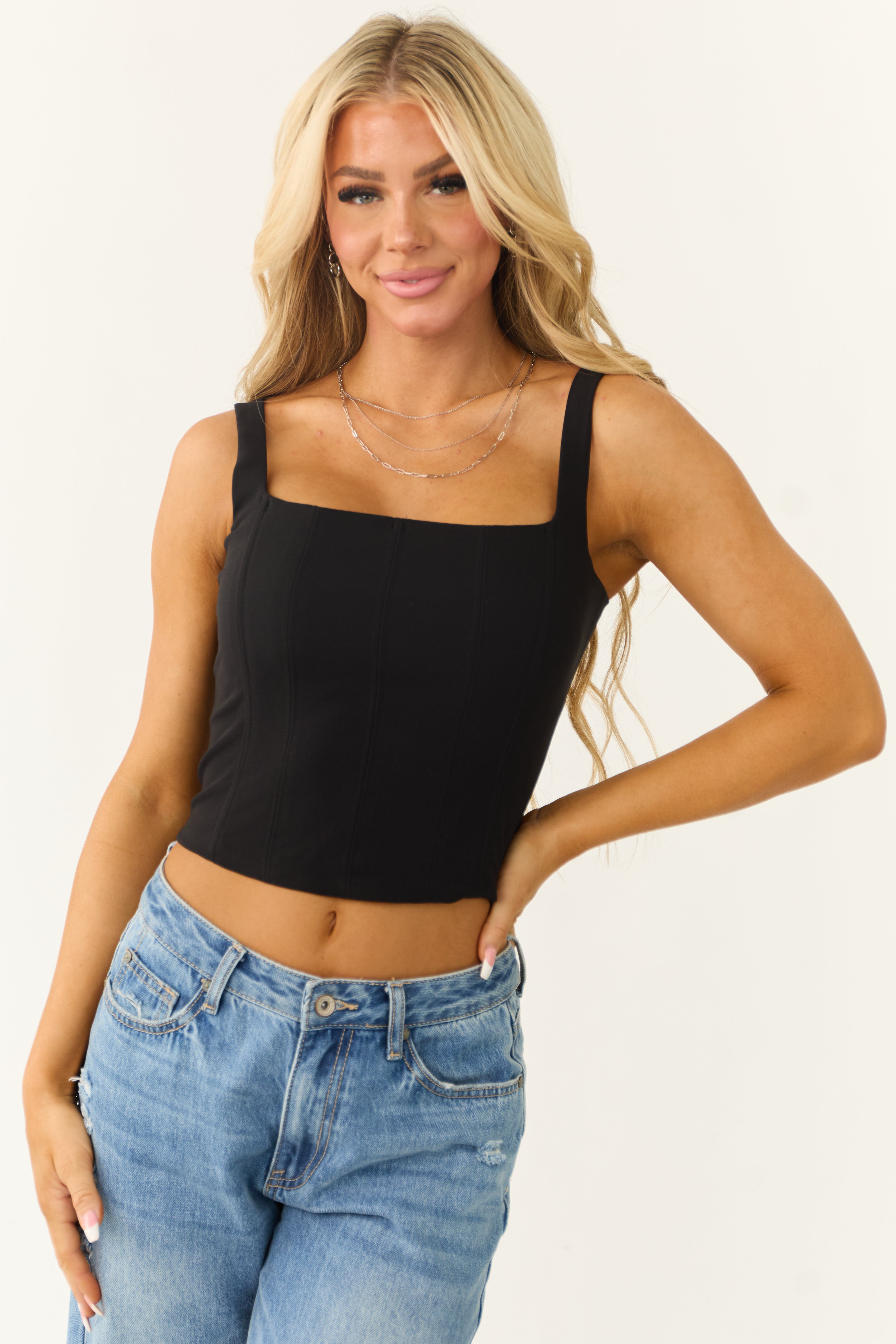 Black Square Neck Bustier Tank Top | Lime Lush Boutique