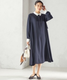 SHIPS any: ダブルクロス ウエスト タック Aライン ワンピース ［NAVY