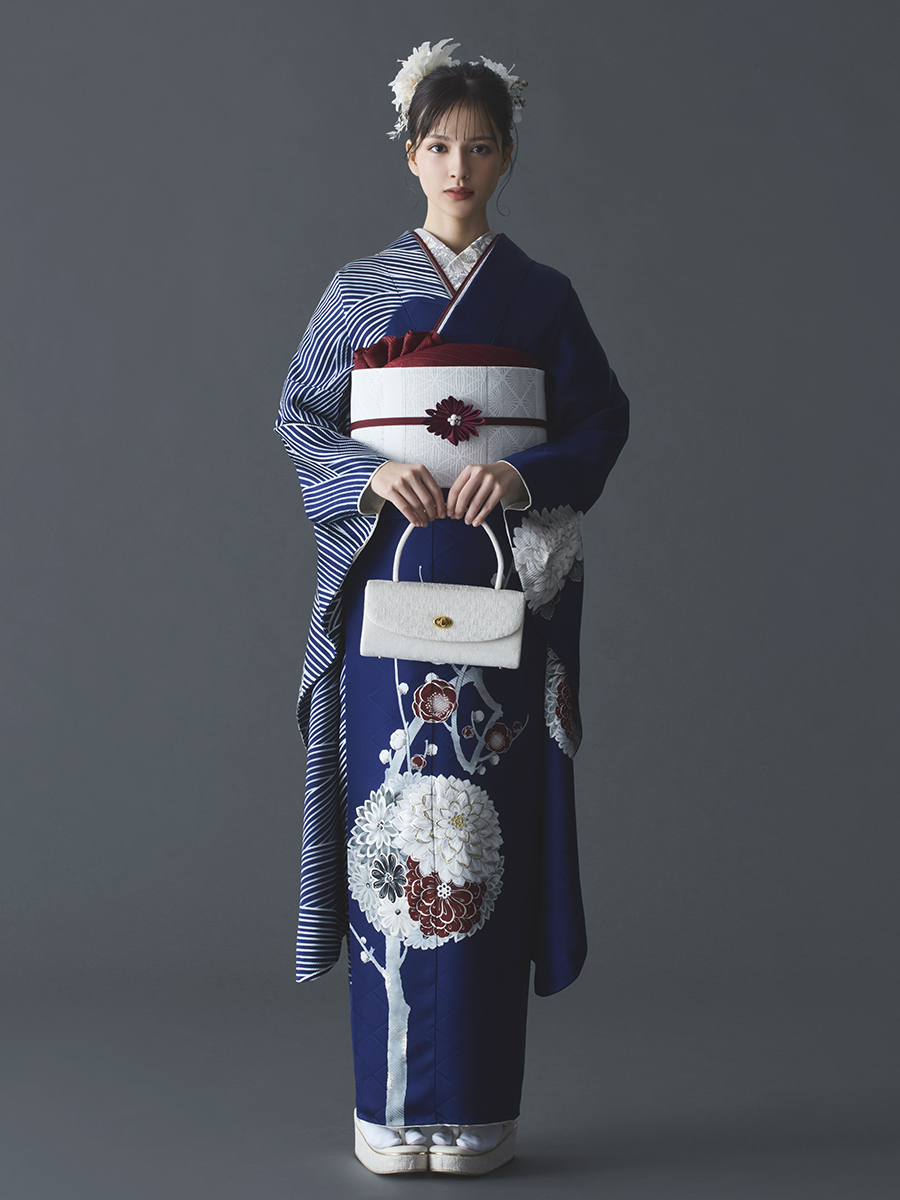 正絹振袖レンタルセット 立梅に波(紺)【和風館ICHI】