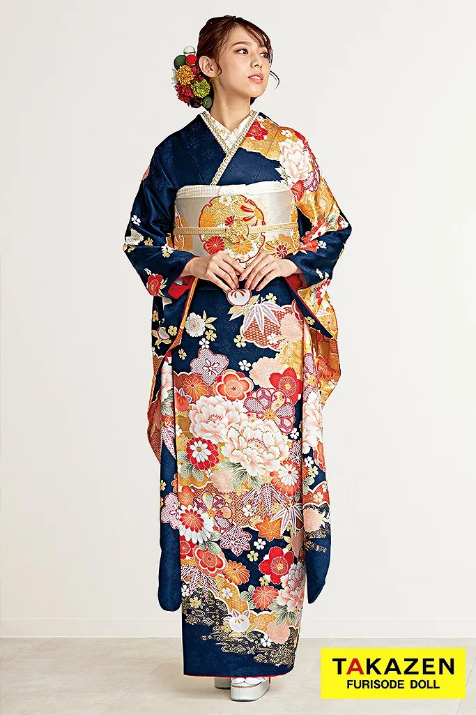 振袖フルセット ネイビー 季節の花々 豪華 王道大人キレイ振袖 成人式