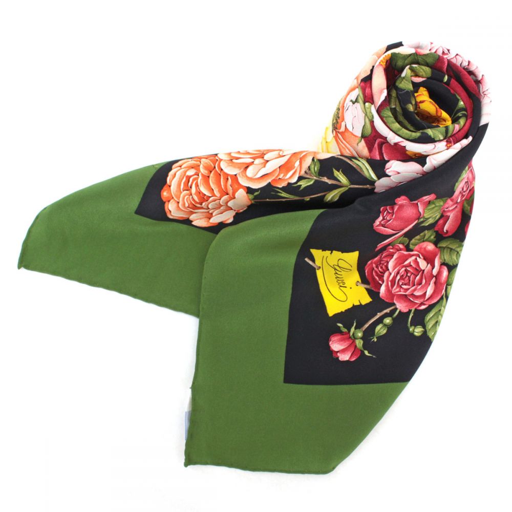 グッチ/スカーフ/ヴィンテージ/花柄×昆虫/シルク100％/ブラック