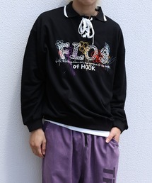 トレーナー スウェット HOOK -original- 古着風フリンジ刺繍編み上げ