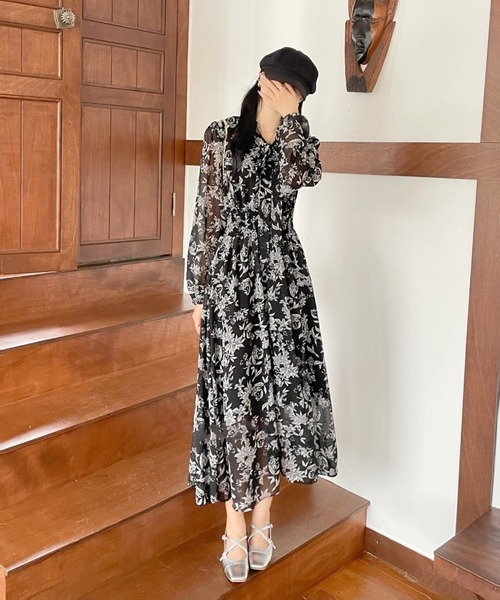 SpRay（スプレイ） ワンピース 花柄ボウタイロングスリーブワンピース