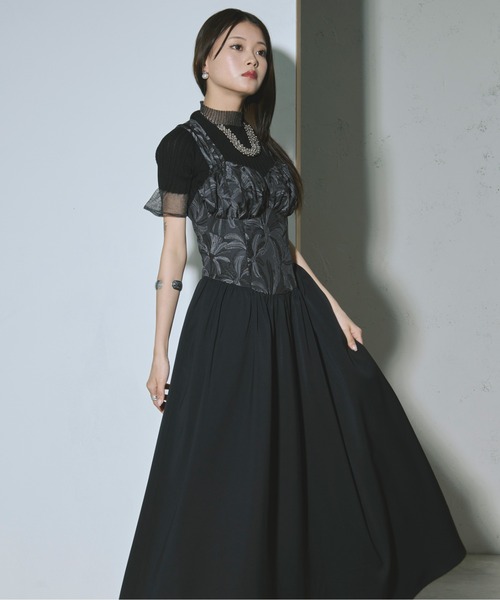 Ezick ワンピース Back design ジャガード切り替えフレアワンピース