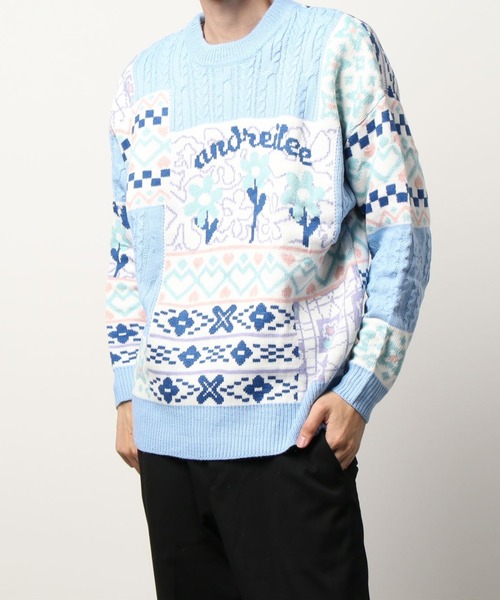 セーター ニット 「HOOK」パッチワーク模様ニットプルオーバー メンズ