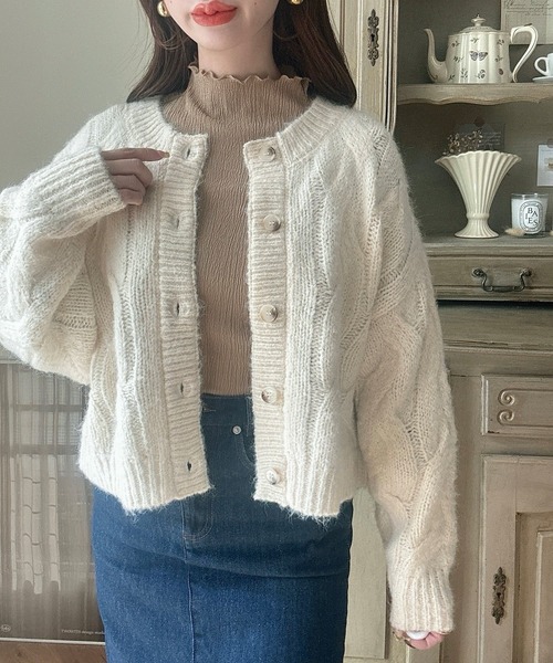Meiru カーディガン 前後2wayケーブル編みショートニットカーディガン