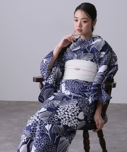 yulie 浴衣 大人浴衣2点セット洗える 綿麻帯 兵児帯 女性 黒 選べる