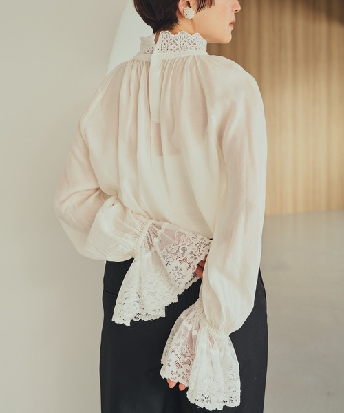 pual ce cin ブラウス シャツ 襟袖レースプチハイネックブラウス