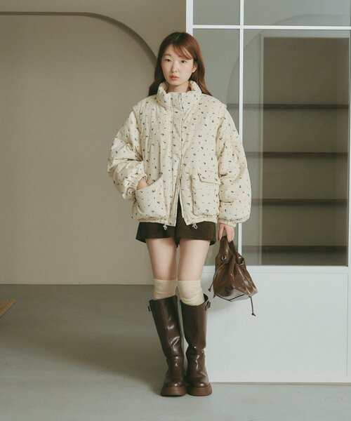 セール】【袖取り外し可/無地&花柄】コーデュロイ中綿ミドルジャケット