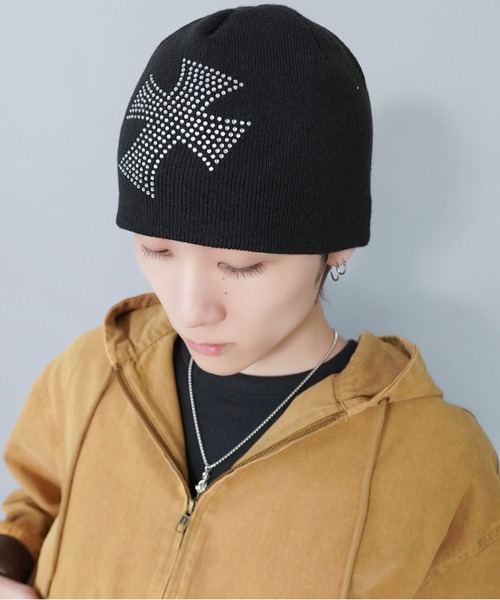 シングルニットビーニー/ストーン/クロススカル/Y2K・グランジ韓国