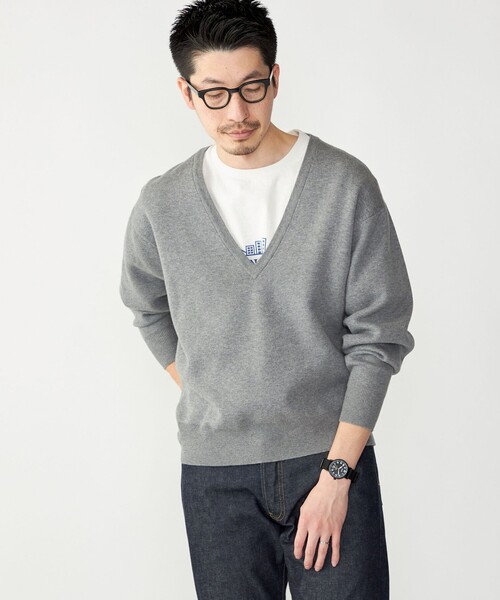 セール】SHIPS: ダブルフェイス コットンカシミヤ Vネック 長袖 ニット