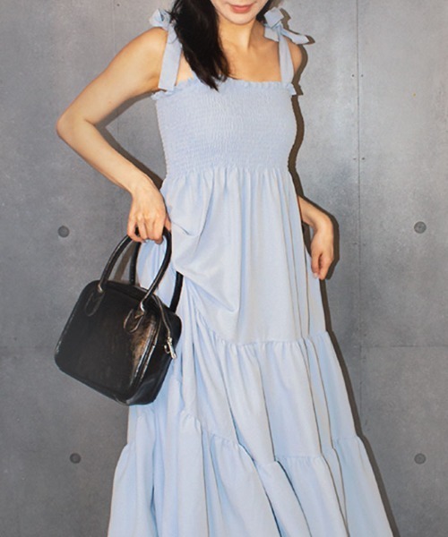 セール】肩リボンキャミソールワンピース 韓国 春夏（ワンピース