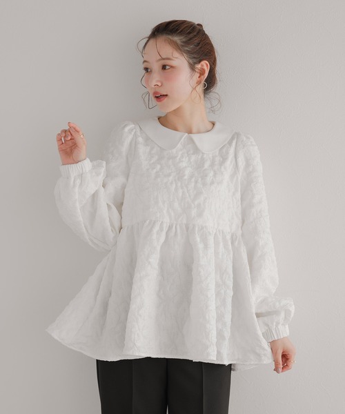 丸襟ジャガードペプラムトップス（シャツ/ブラウス）｜Fit more