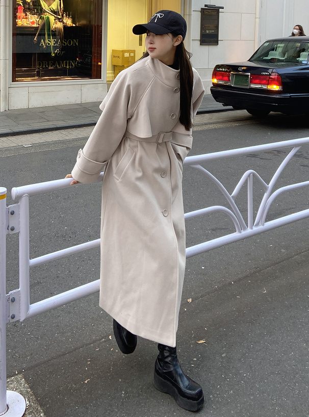 ベルト付きスタンドカラーケープロングコート[ze780] | レディース