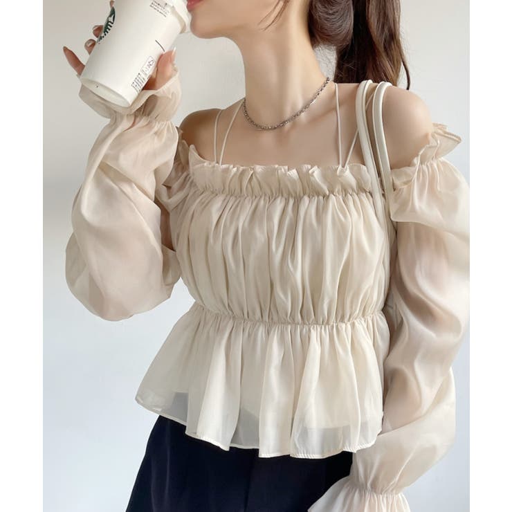 2WAY オフショル シアー ギャザー 長袖 ブラウス[品番：ORGW0009141