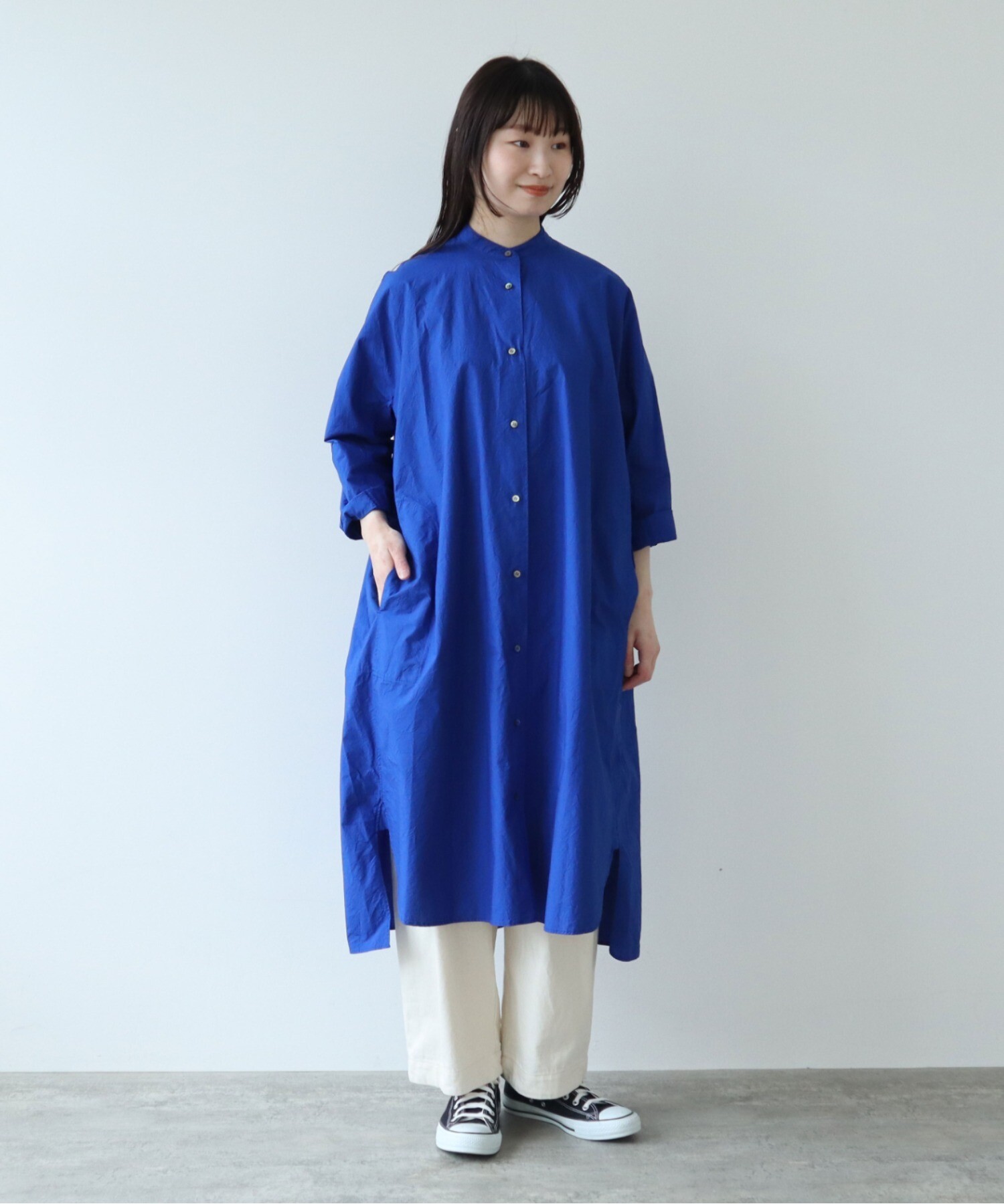 AMBIDEX Store △コットンキャッチワッシャー バンドカラーワンピース