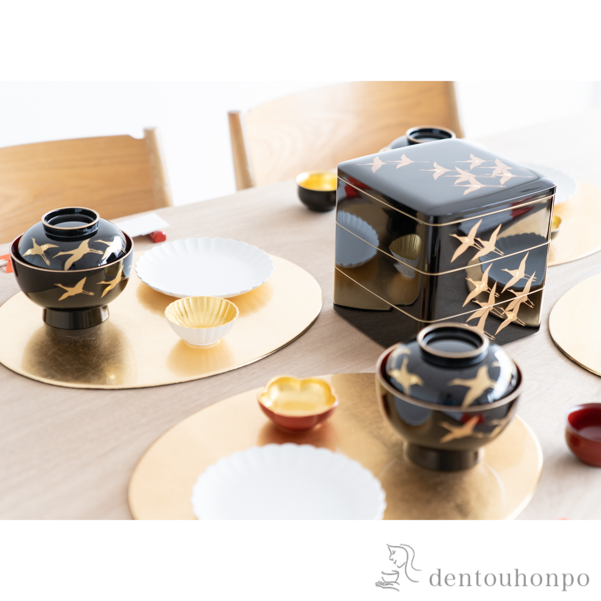 三段重 鶴 黒 / お正月 新年 おせち 運動会 漆塗り お正月 人気 山中