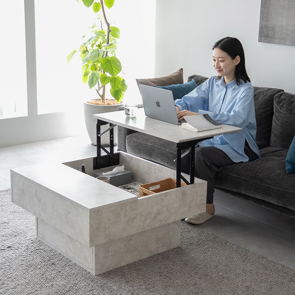 リフトアップセンターテーブル 幅80cm 昇降式 収納付き セラミック調