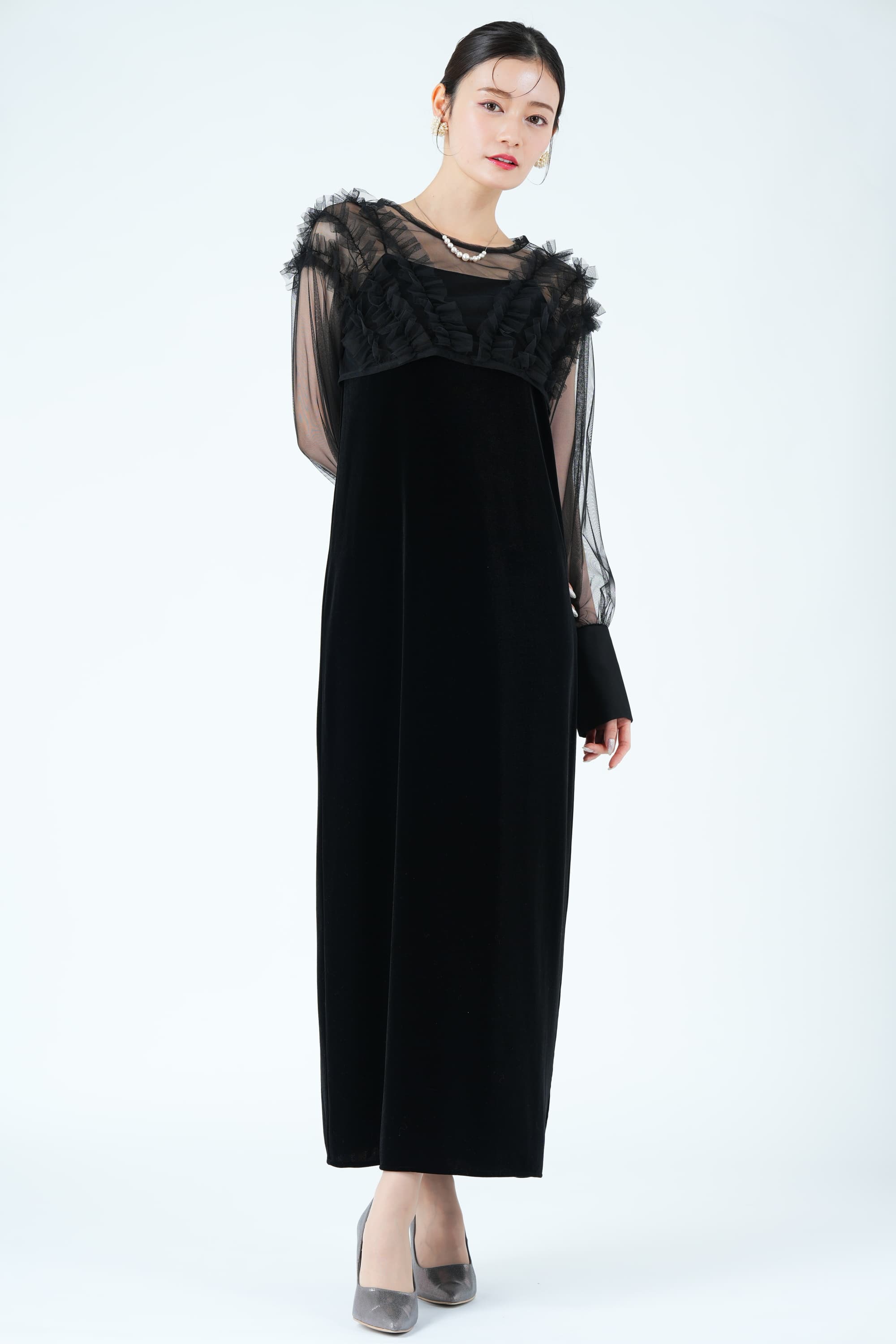 CAPRICIEUX LE'MAGE エアリーチュール×ベロアブラックドレス (M) を