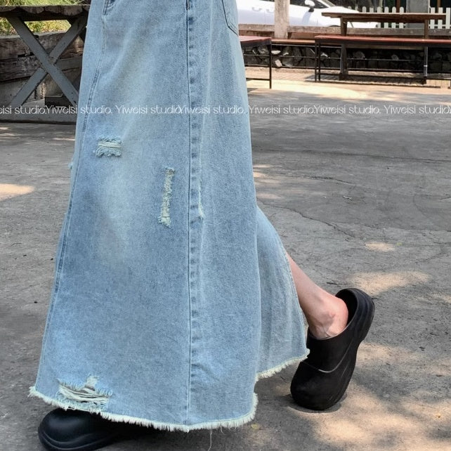 デニム ロングスカート レディース 韓国 ファッション ダメージ加工