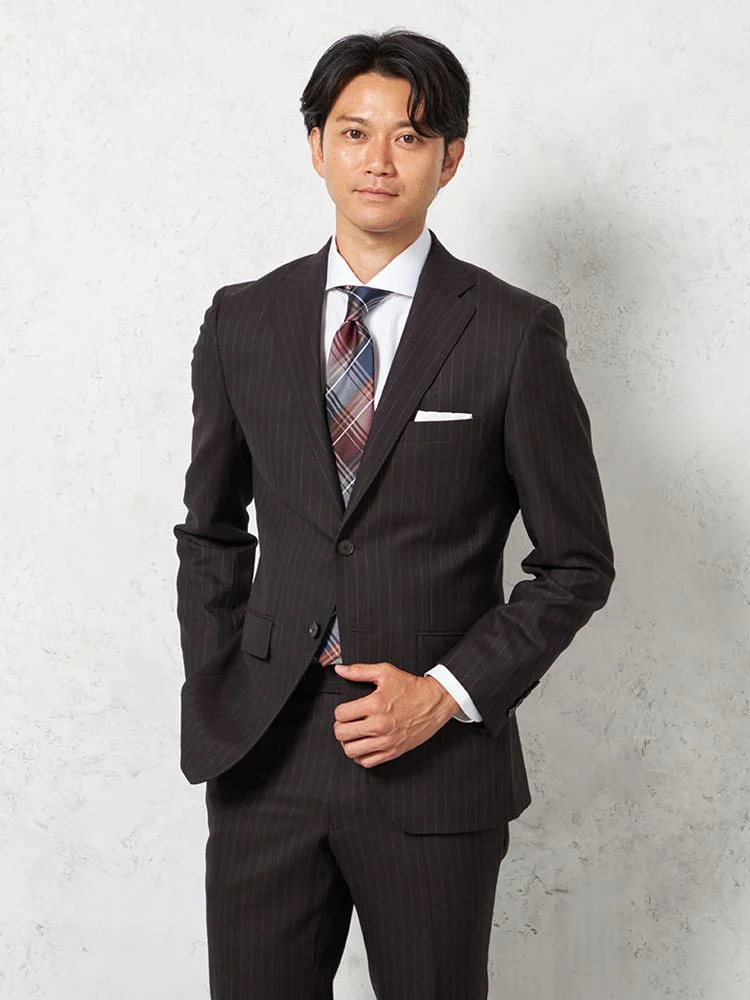 ウール100％】スーツ 2つボタン 英国調ミルド 脚長スリム チョーク