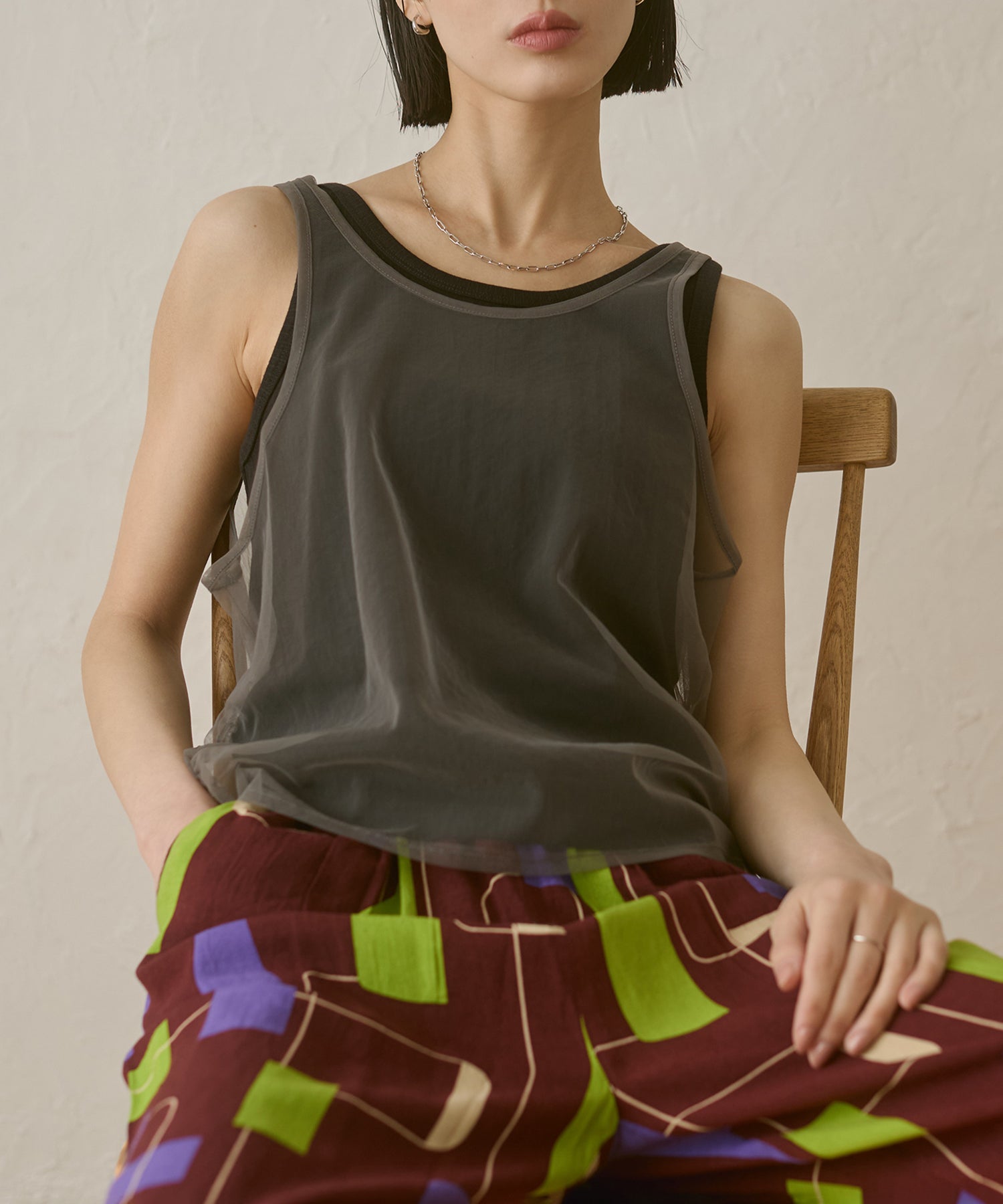 チュールレイヤード リブタンクトップ