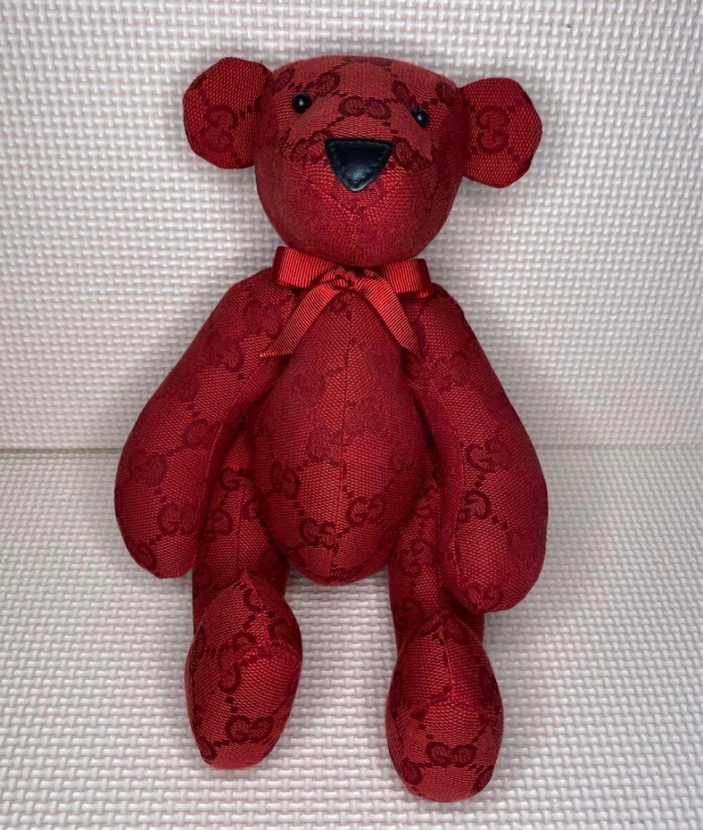 Gucci Teddy Bear Plush Toy GG Logo Pattern Monogram Red USED from