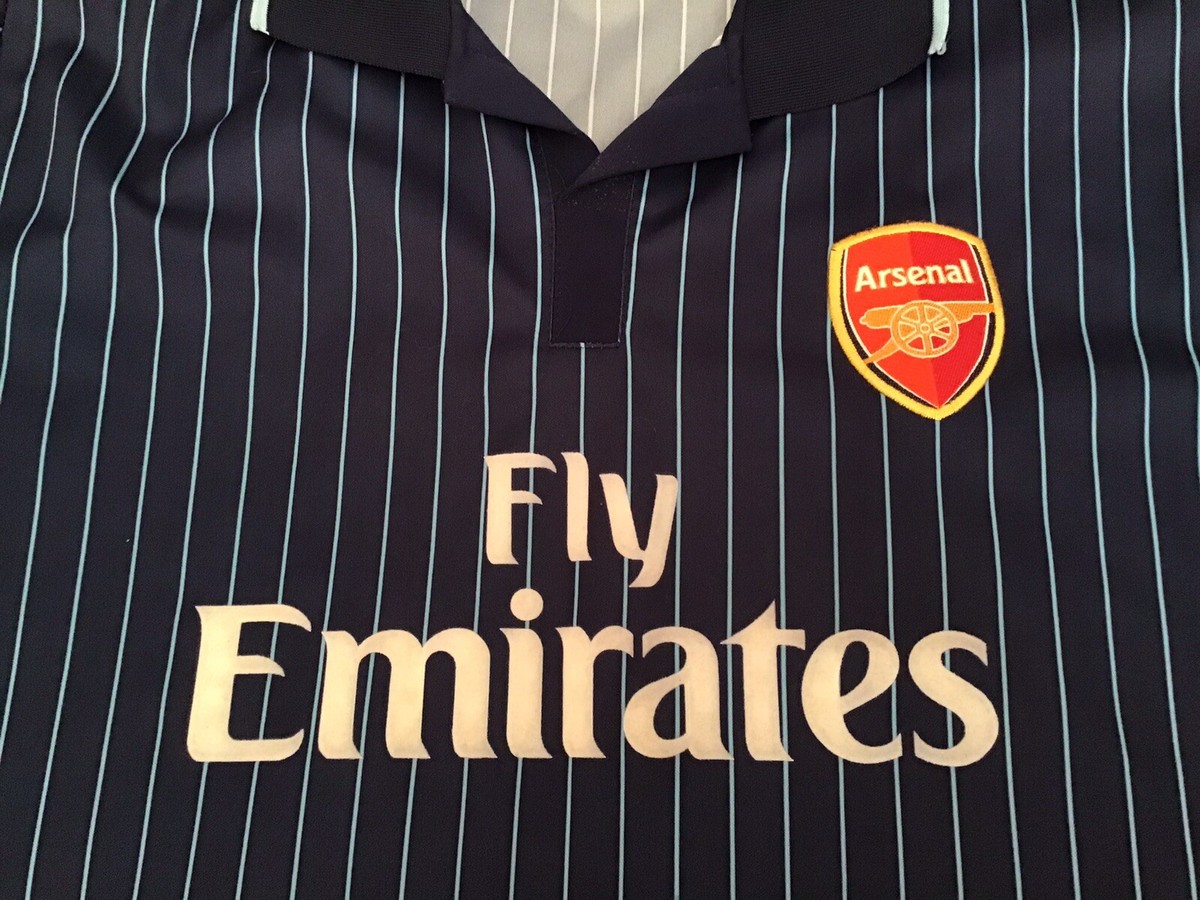 Fly Emirates Arsenal Soccer Jersey~Blue Pinstripe~Pit to Pit 21”~L