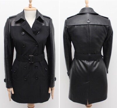 Women's BURBERRY Leather Trench Coat Double Lining Black UK6 US4