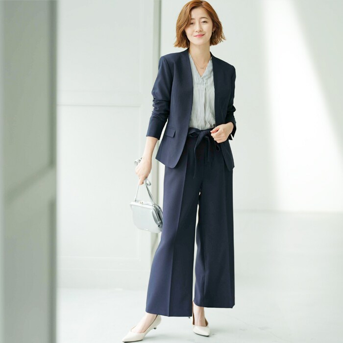 2点セットアップ】洗えるストレッチノーカラーワイドパンツスーツ