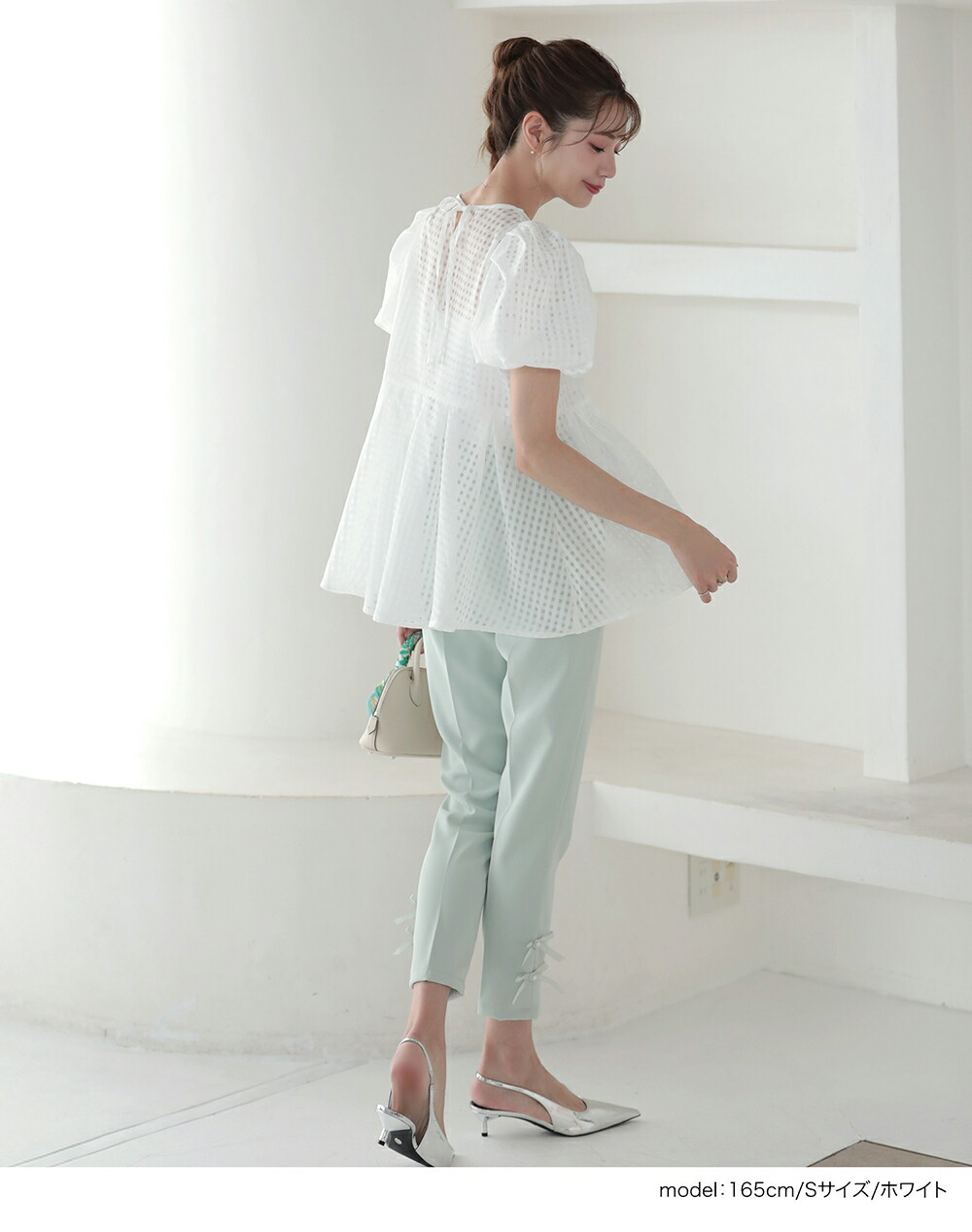 シアーギンガムトップス ギンガムチェック フレア ペプラム シアー