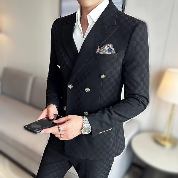 極上 漆黒ウール 黒金ボタン ダブルブレストスーツ × VERUSACEネクタイ