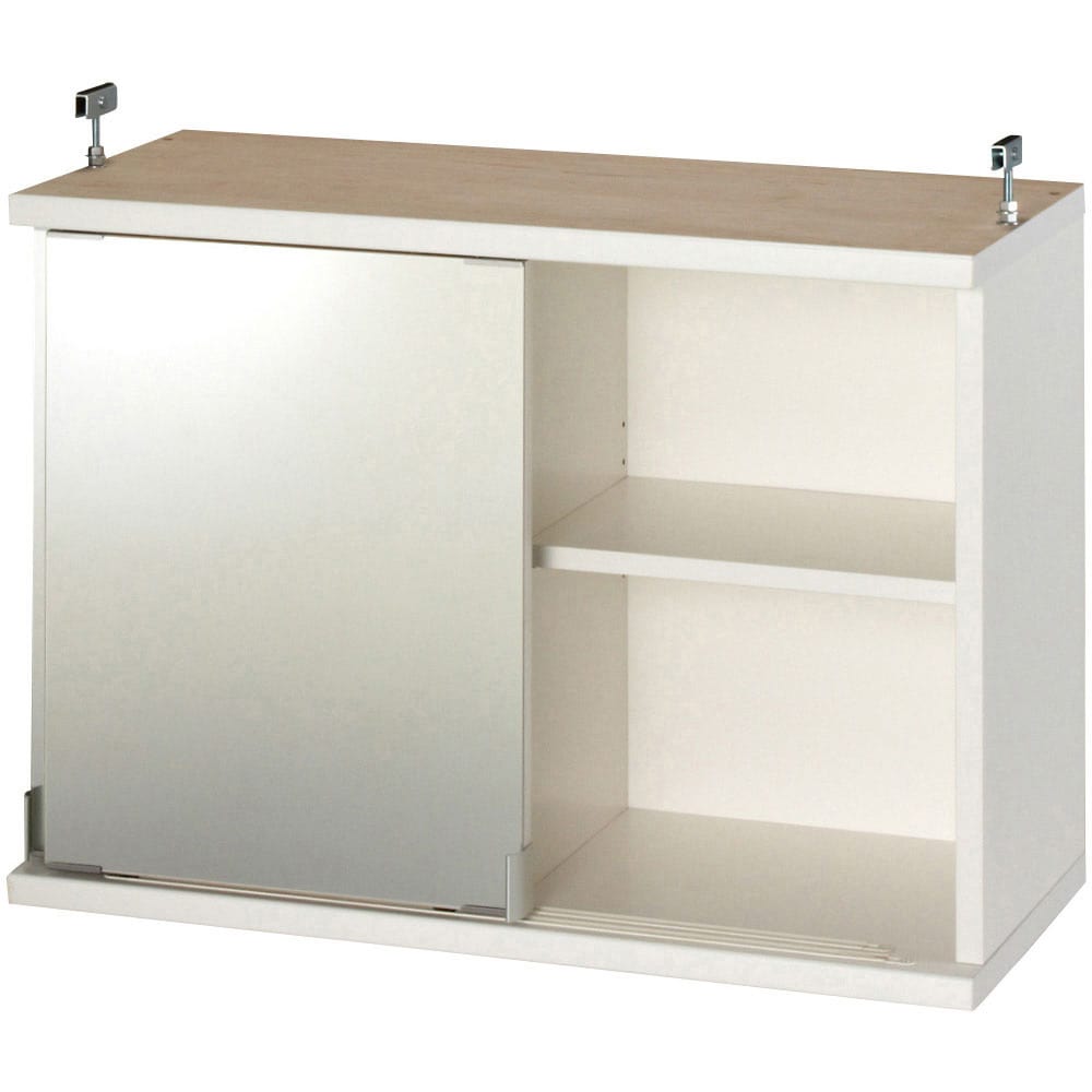 効率収納できる段違い棚シェルフ ［突っ張り上置き ミラー扉タイプ