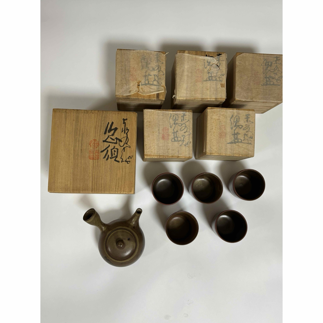 LUKEVI-佐渡 無名異焼き 茶器セット湯呑み茶碗 5客 急須 1個 3代目伊藤赤水