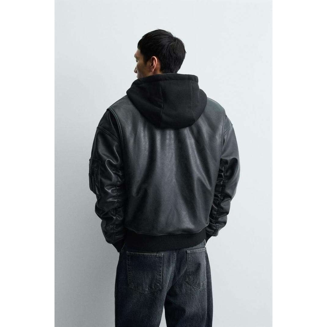 ZARA - ZARA ザラ コントラストフード付きフェイクレザー ジャケット L